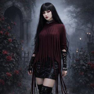 Touch Me burgundy red tassel shirt 3/4 sleeves back closure SZ 1X goth-romantic